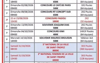 CALENDRIER 2026 CONCOURS LA BOULE TROPEZIENNE