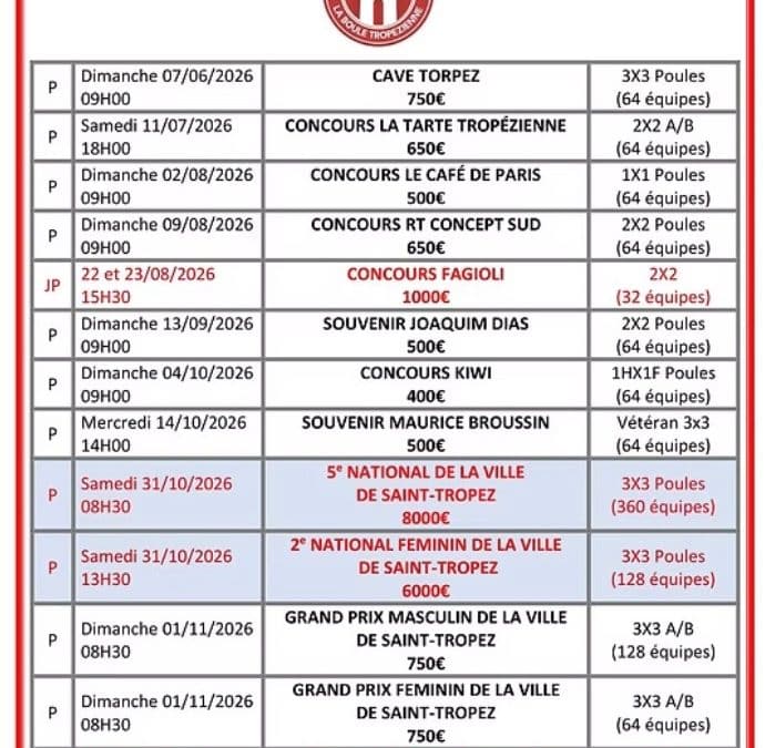 CALENDRIER 2026 CONCOURS LA BOULE TROPEZIENNE